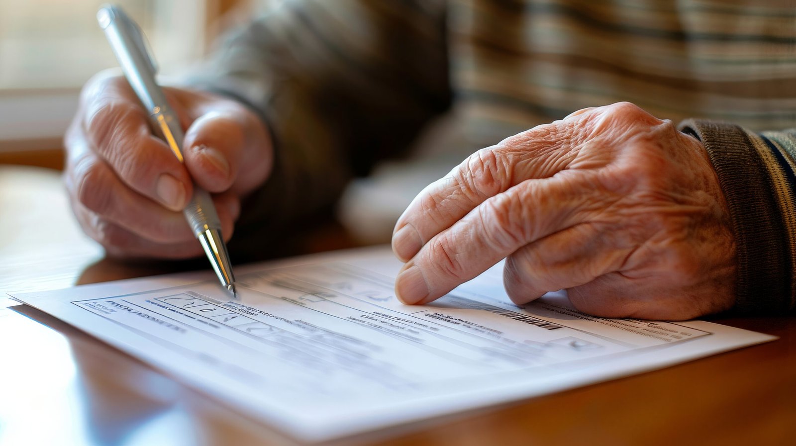 Person filling out a mail-in ballot at home, pen in hand and focused expression